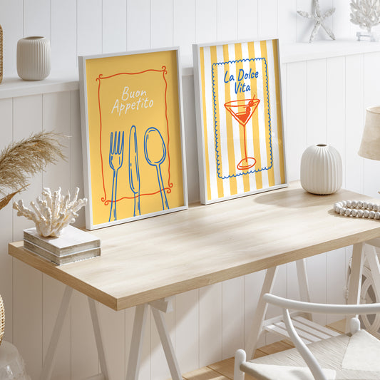 Yellow Kitchen Wall Art Set of 2 – Buon Appetito & La Dolce Vita Framed Prints